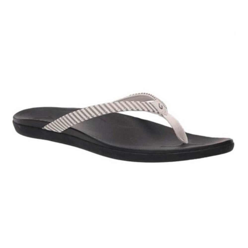 OluKai Ho‘ōpio Women's Striped Beach Thong Flip Flop Sandals Gray White Size W6